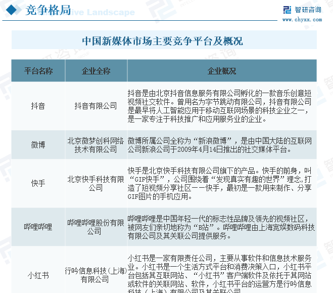 中国新媒体市场主要竞争平台及概况